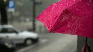 A red umbrella in the rain