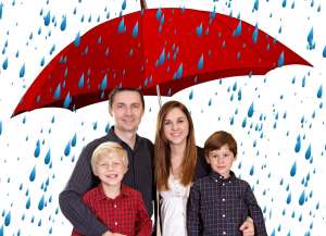Family under illustrated umbrella