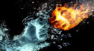 Fire and ice fists colliding