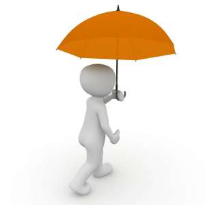 Illustrated figure holding an orange umbrella