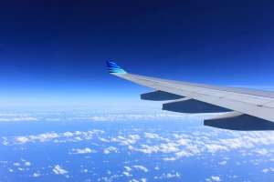 Wing of an airplane above the clouds